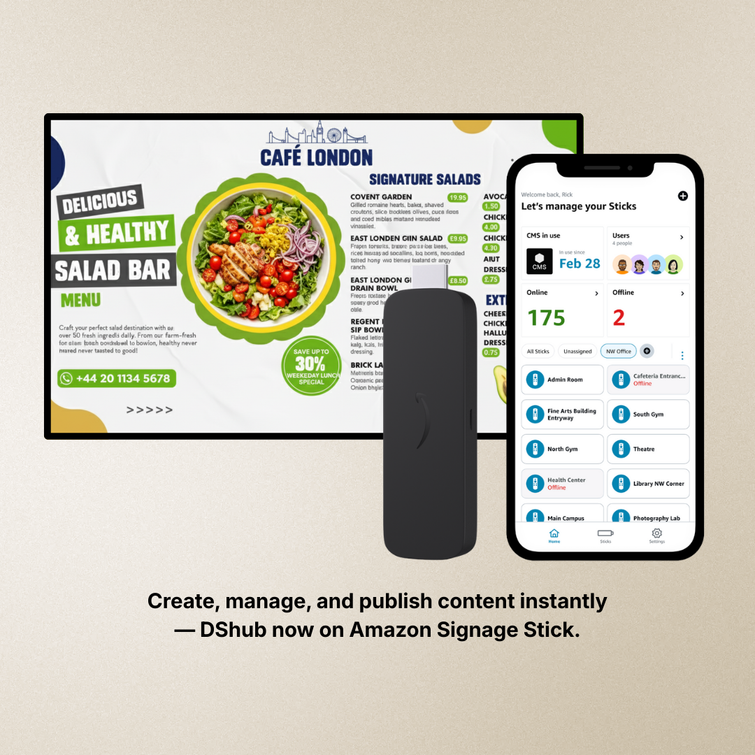 Amazon Signage Stick connected to a TV running DigitalSigns.ai menus