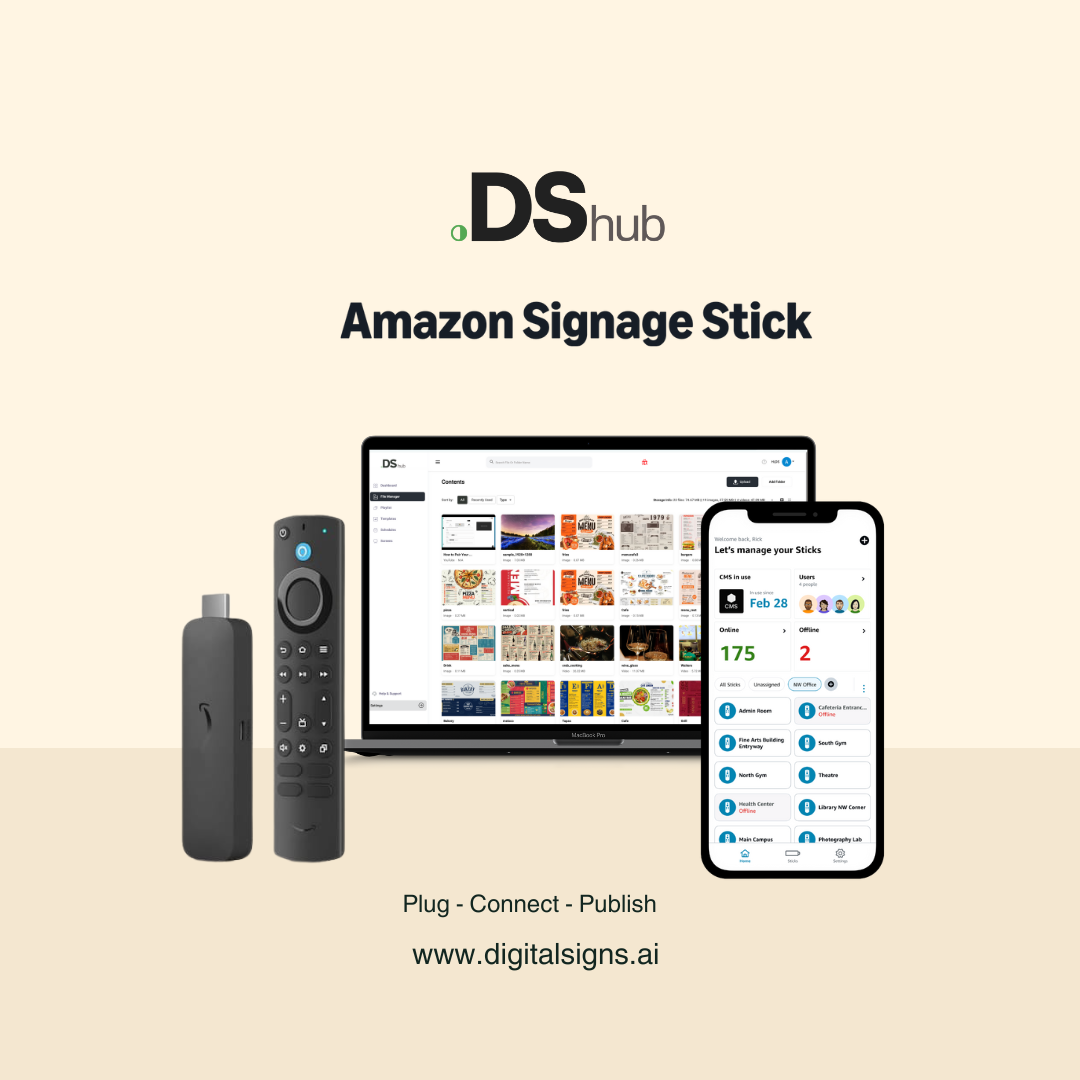 Multiple Amazon Signage Sticks managed by DigitalSigns.ai CMS