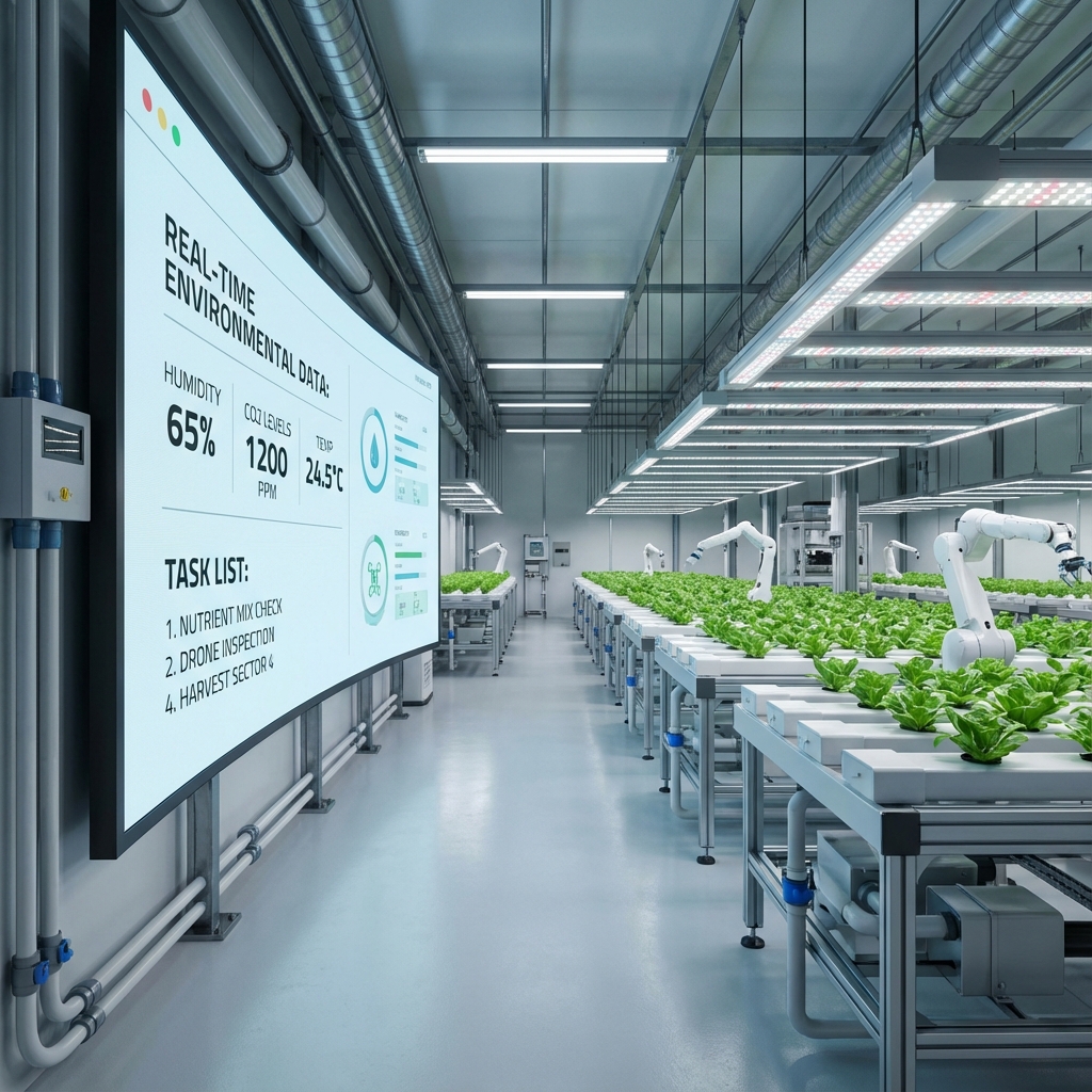 Large-scale cannabis cultivation facility with digital monitoring screens