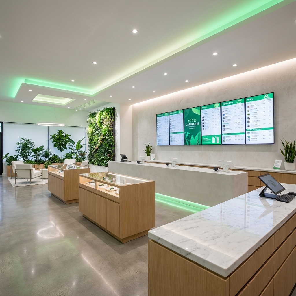 Modern high-end cannabis dispensary with digital signage