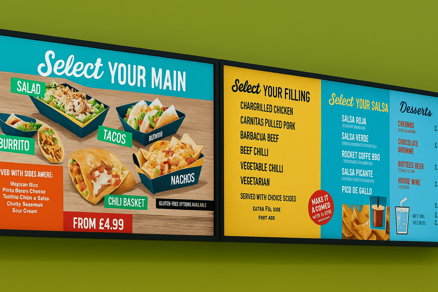 Digital signage menu boards in a restaurant displaying burritos, tacos, nachos, and drinks with real prices, created using free digital signage software