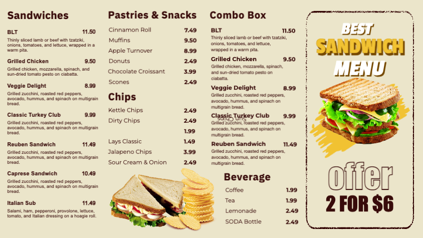 Sandwich restaurant combo menu board digital template