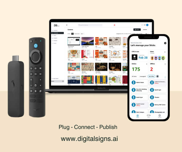 Multiple Amazon Signage Sticks managed by DigitalSigns.ai CMS